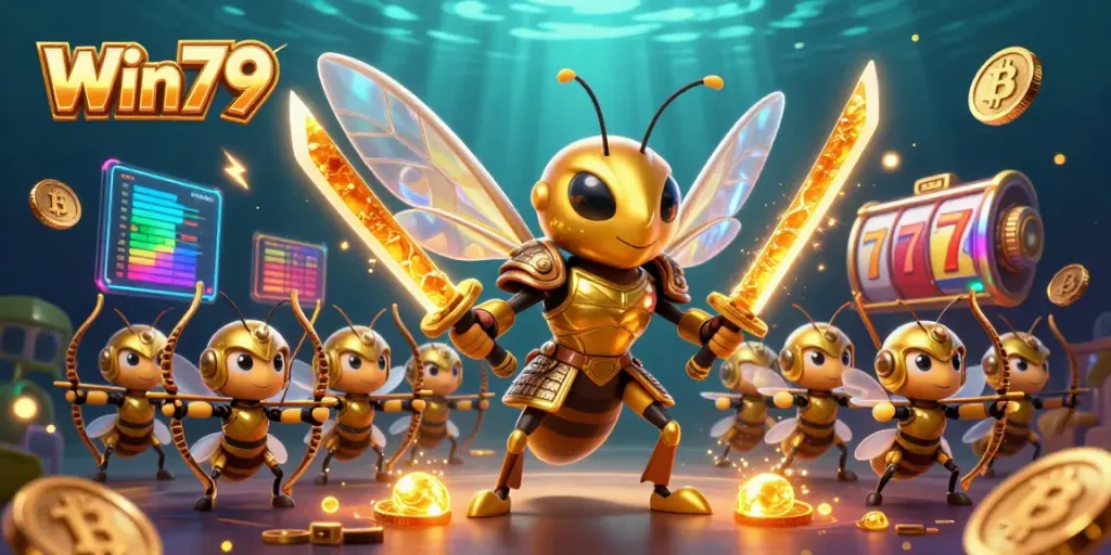 Win79 captivates players with a vibrant illustration of a golden hornet in samurai armor amidst casino symbols and cryptocurrency coins.