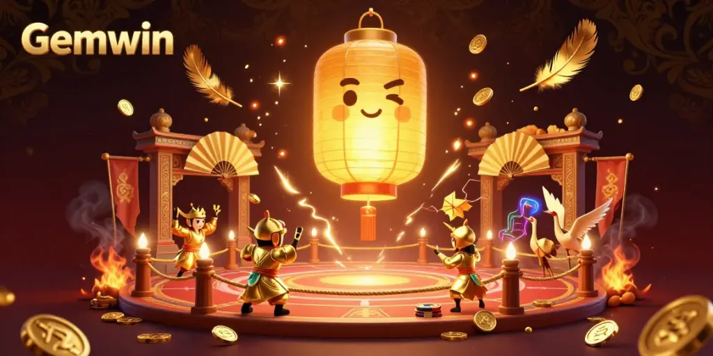 Experience the world of Gemwin casino with a vibrant 3D scene featuring a golden lantern spirit, gaming tokens, and dynamic elements.