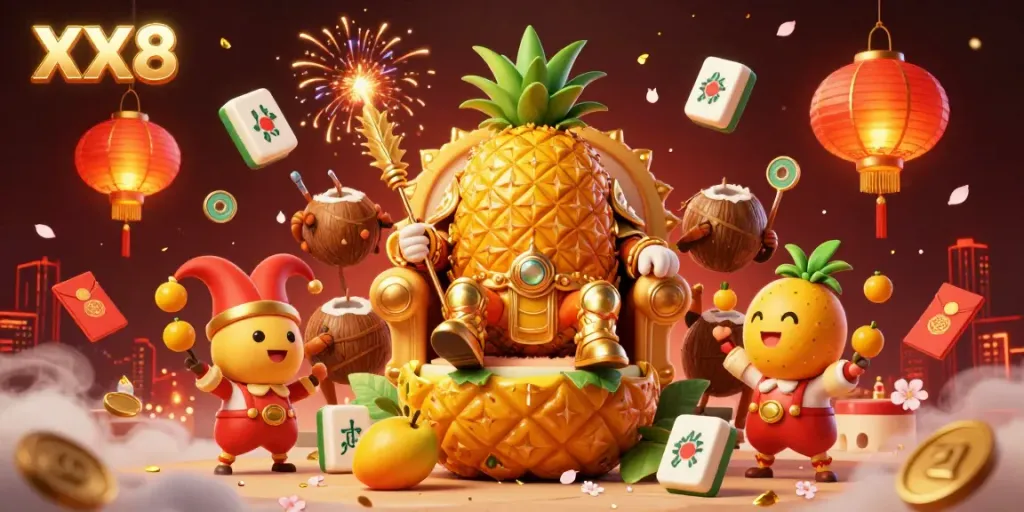 Experience thrilling gameplay with the dynamic scene of XX8's golden pineapple king amidst vibrant casino elements.