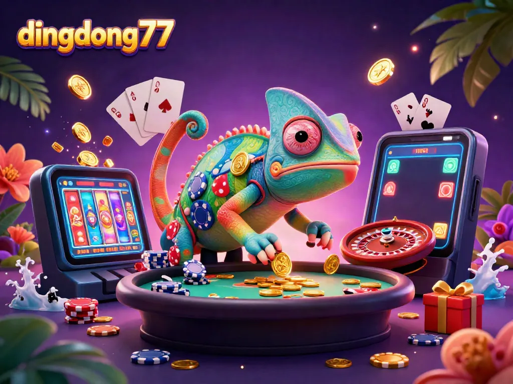 Dingdong77 showcases a vibrant casino scene with a colorful chameleon casino owner, interactive games, and golden coins.