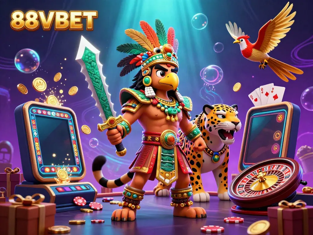Spin and win with 88VBET in a vibrant casino scene featuring Aztec warriors.