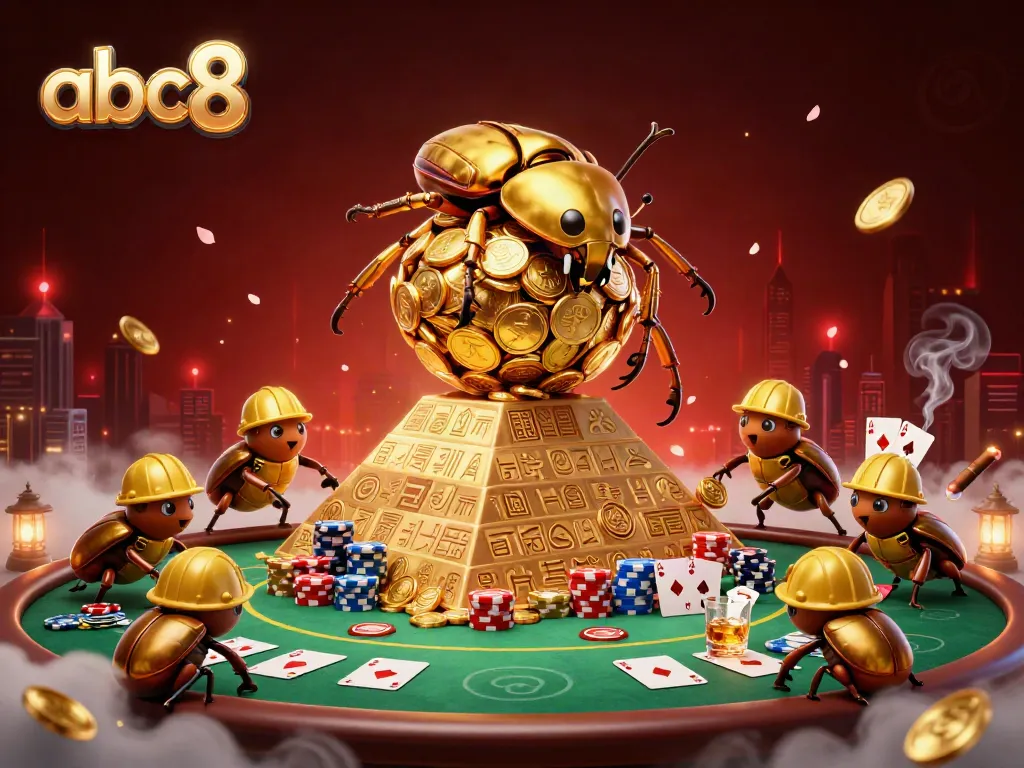 Experience the thrilling gameplay of abc8 with golden coin beetles and poker elements in this vibrant illustration.
