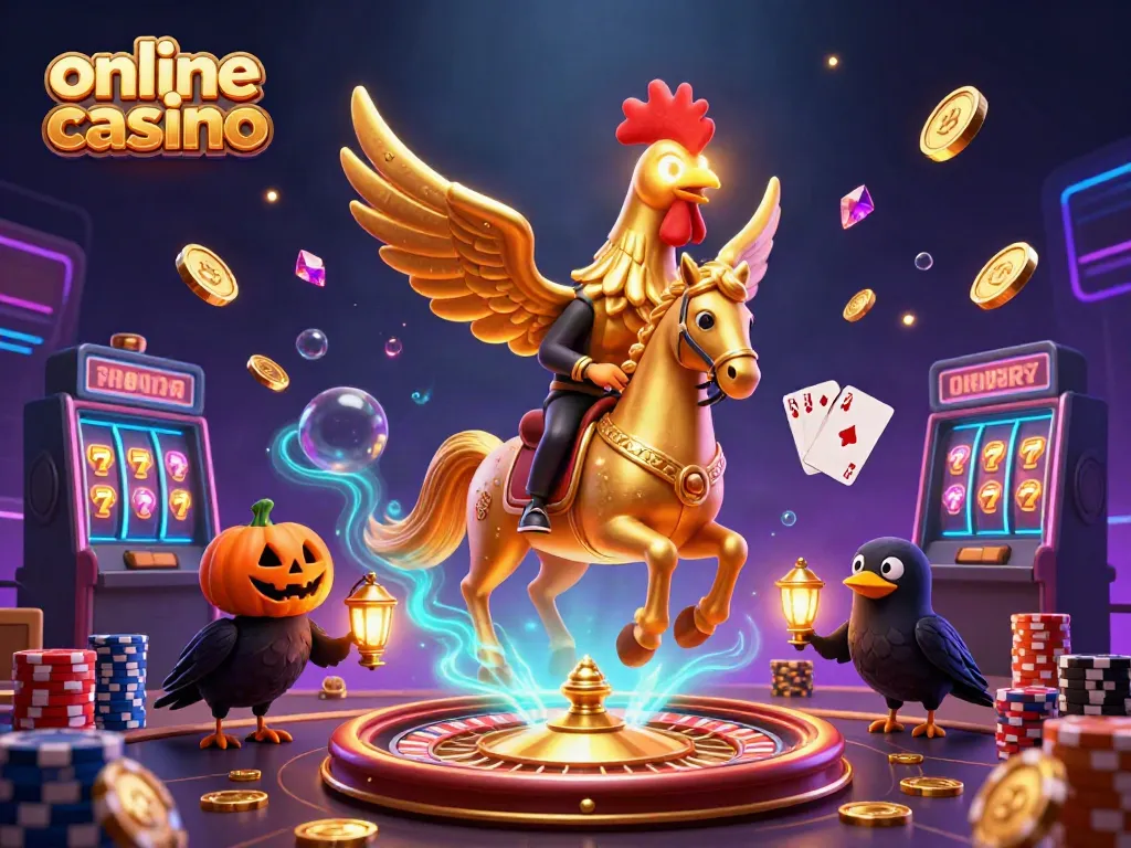 Experience the excitement of an online casino with a golden rooster riding through a vibrant gaming scene.