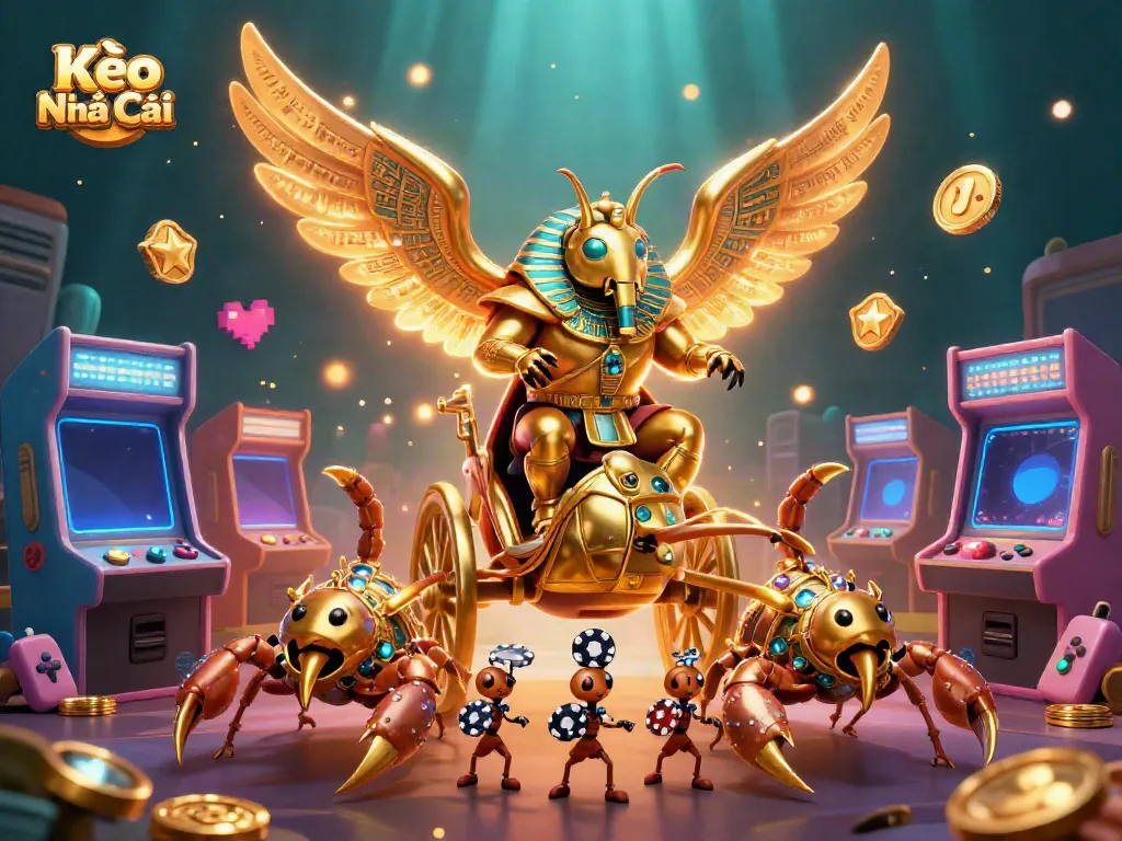Kèo Nhà Cái: Experience vibrant gaming with a golden scarab beetle and casino elements.