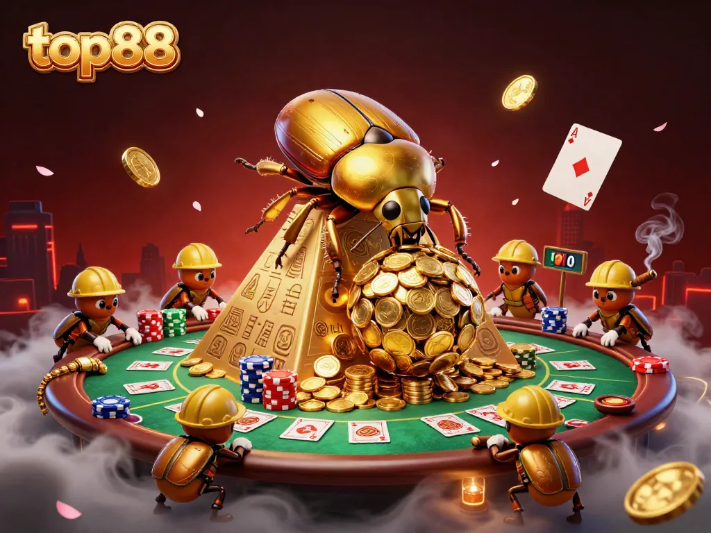 top88's golden beetle rolls coins at a vibrant casino pyramid scene