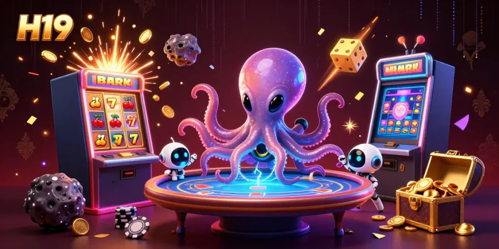 H19 octopus deals poker while jackpot symbols explode, enhancing the casino experience.
