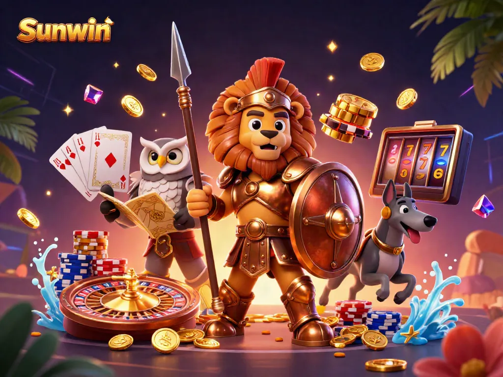 Experience the thrilling gameplay at Sunwin with a captivating cartoon scene of a Spartan lion, strategic owl, and swift greyhound amidst golden coins and roulette.