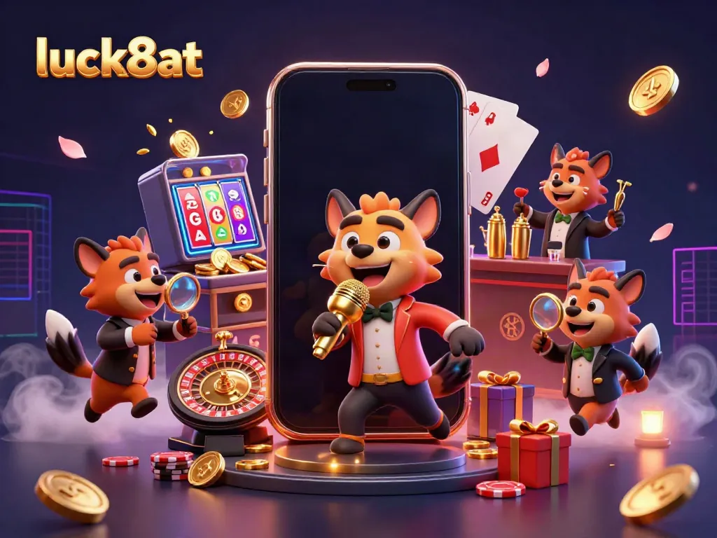 Experience the excitement at luck8at's vibrant comedy casino scene with engaging hyena characters.