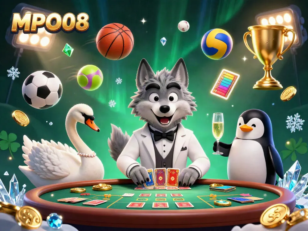 Experience the dazzling fun at MPO08 with a debonair wolf, an elegant swan, and a sophisticated penguin in an exciting casino scene.