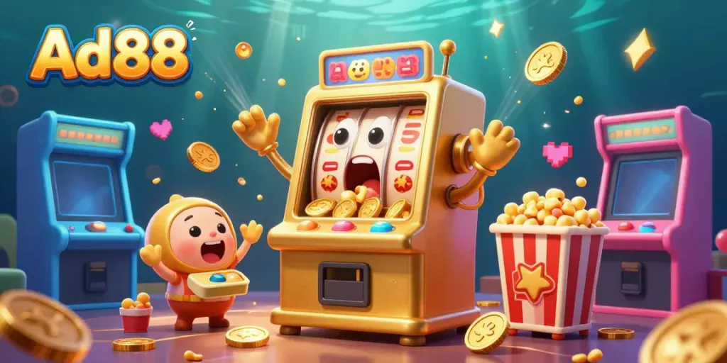 Experience the Ad88 jackpot excitement with a cartoon golden slot machine spilling coins in a vibrant casino scene.