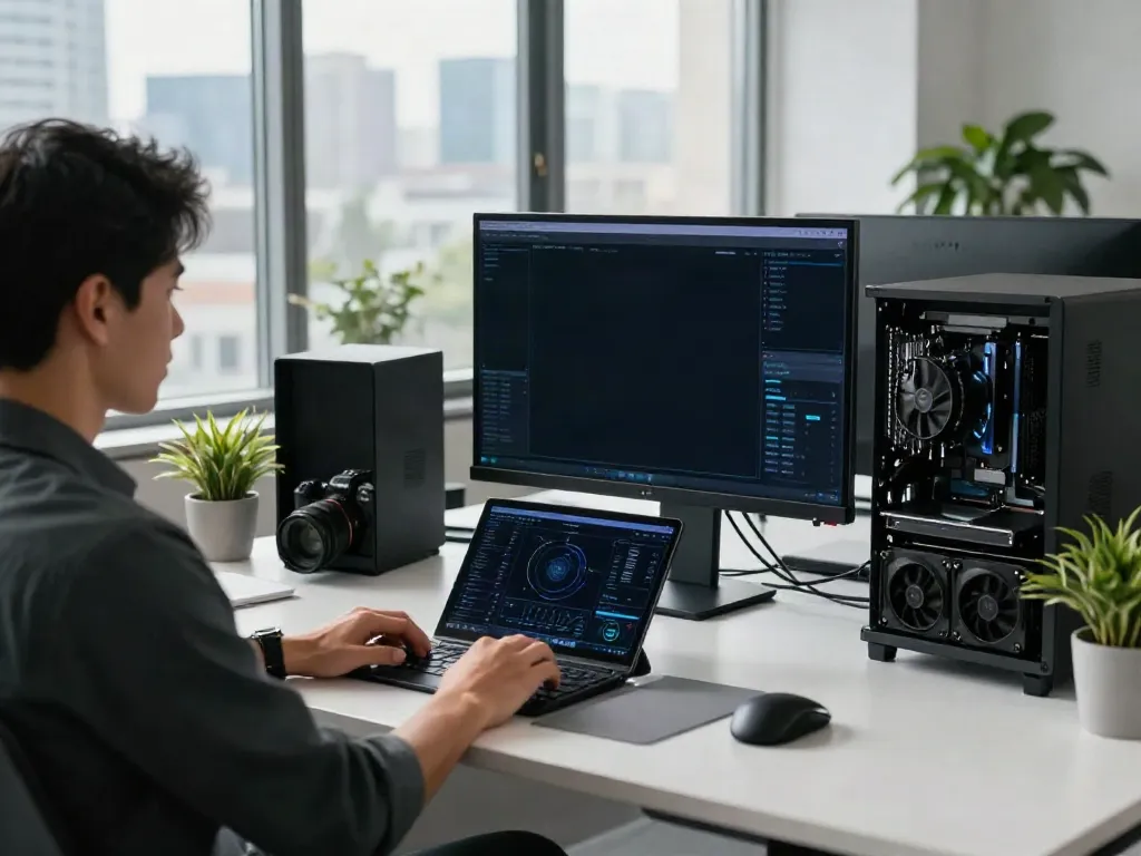 Engaged professional analyzing AI infrastructure data at a modern office workspace with multiple screens.