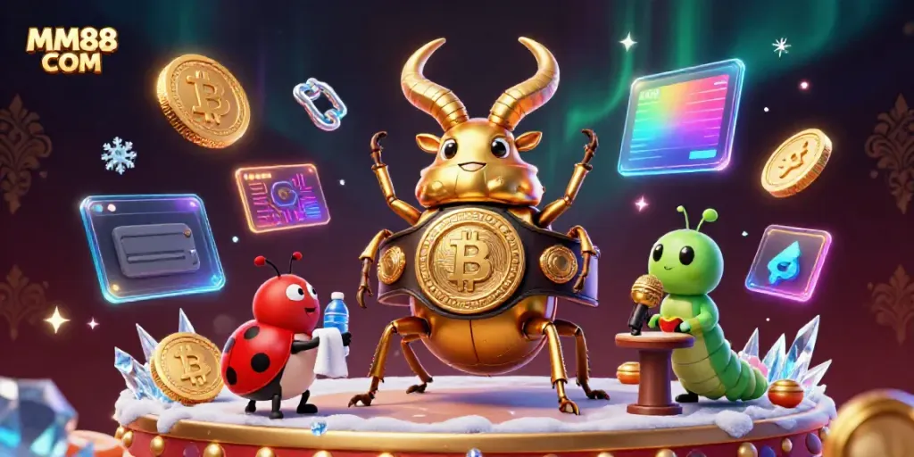Engage with the electrifying MM88 COM platform featuring a boxing champion beetle and casino elements.