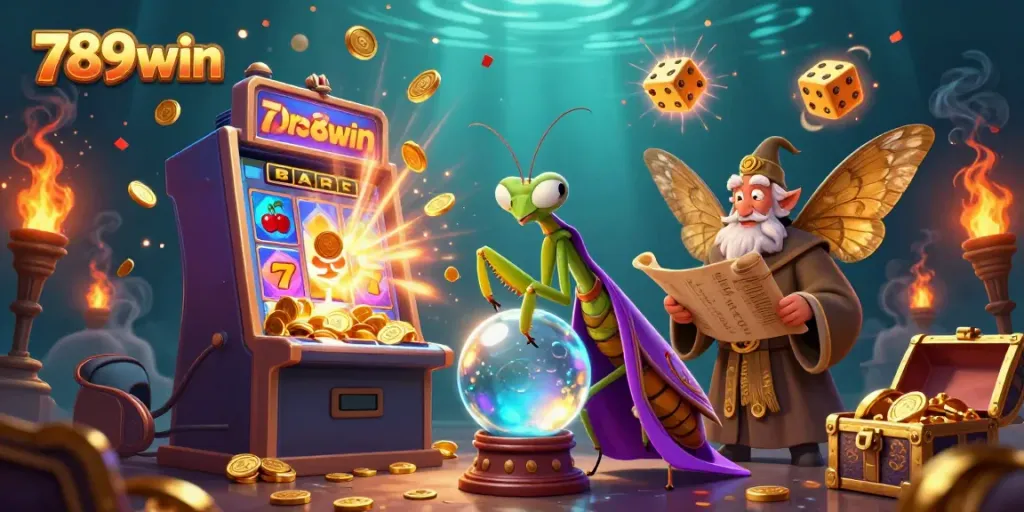 Experience the magic of 789win through a vibrant 3D fortune teller scene with icons of casino excitement.