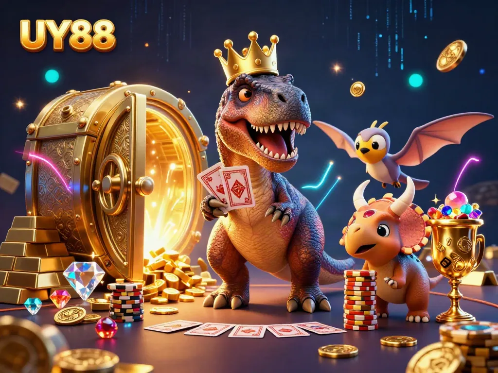 Experience exciting gaming at UY88 with friendly dinosaur characters and treasure in vibrant 3D art.