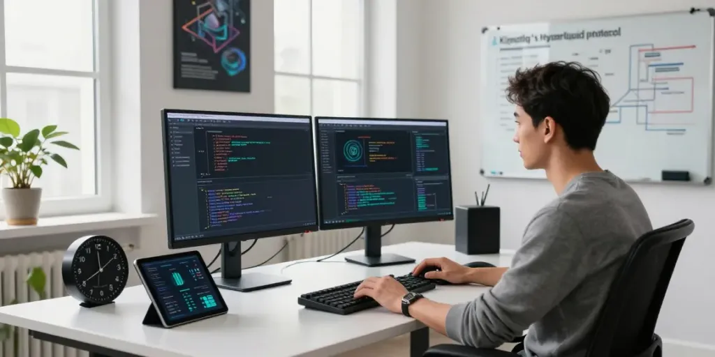 Kinetiq developer working in a modern workspace, coding blockchain data.
