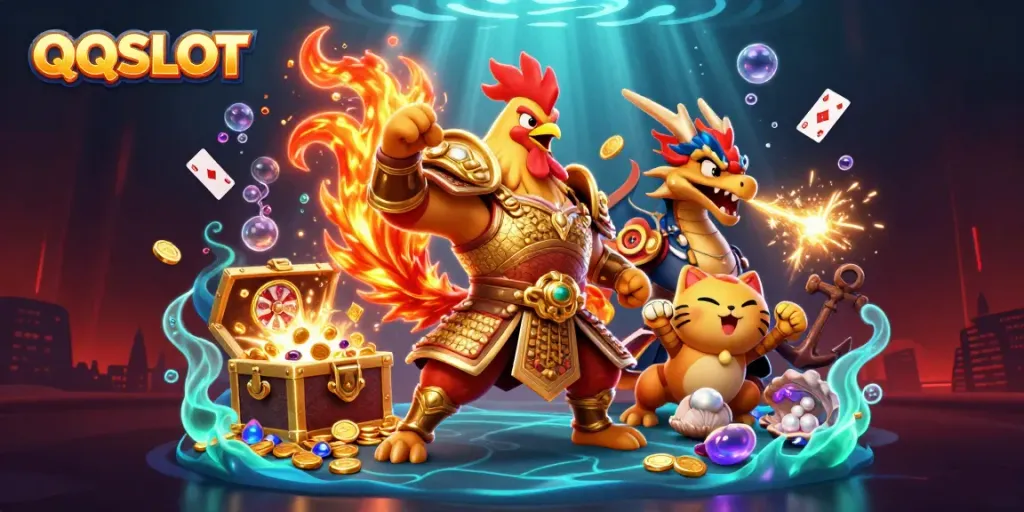 Engage in thrilling QQSLOT action with a vibrant scene of warriors and casino elements.