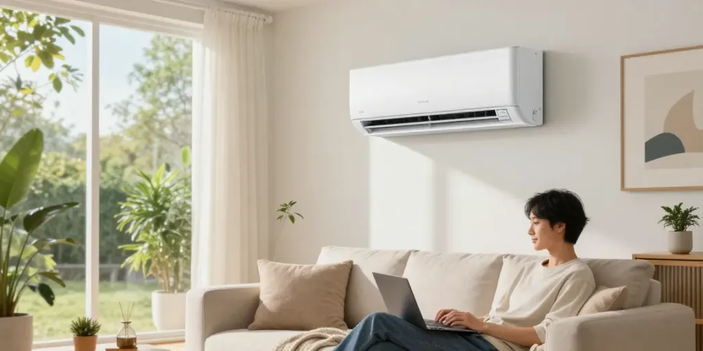 Mini split air conditioning unit in a stylish living room with a person working on a laptop.
