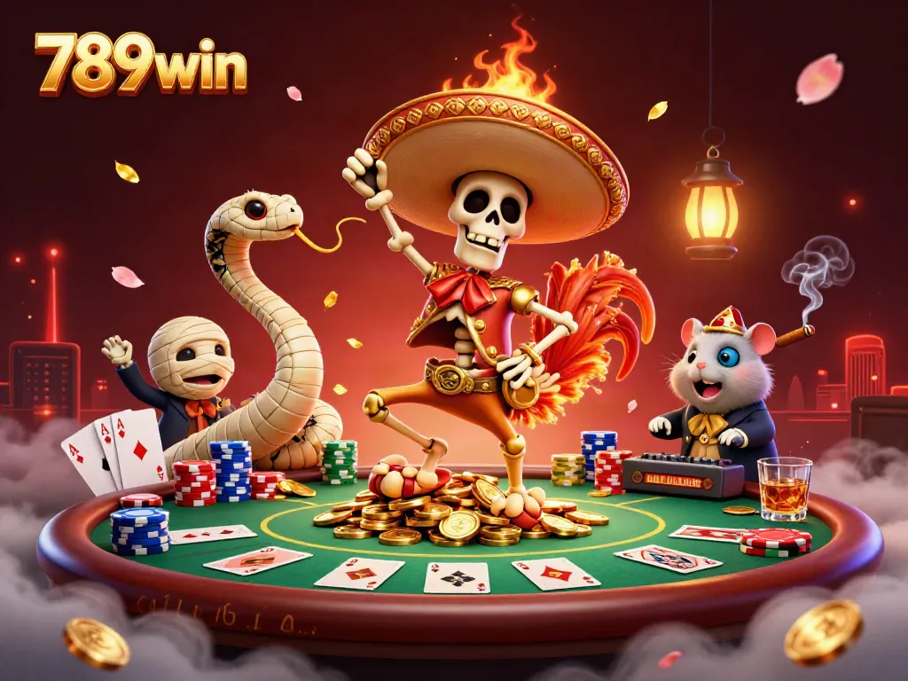 Experience big wins with 789win in this vibrant casino-themed illustration showcasing lively characters and game elements.