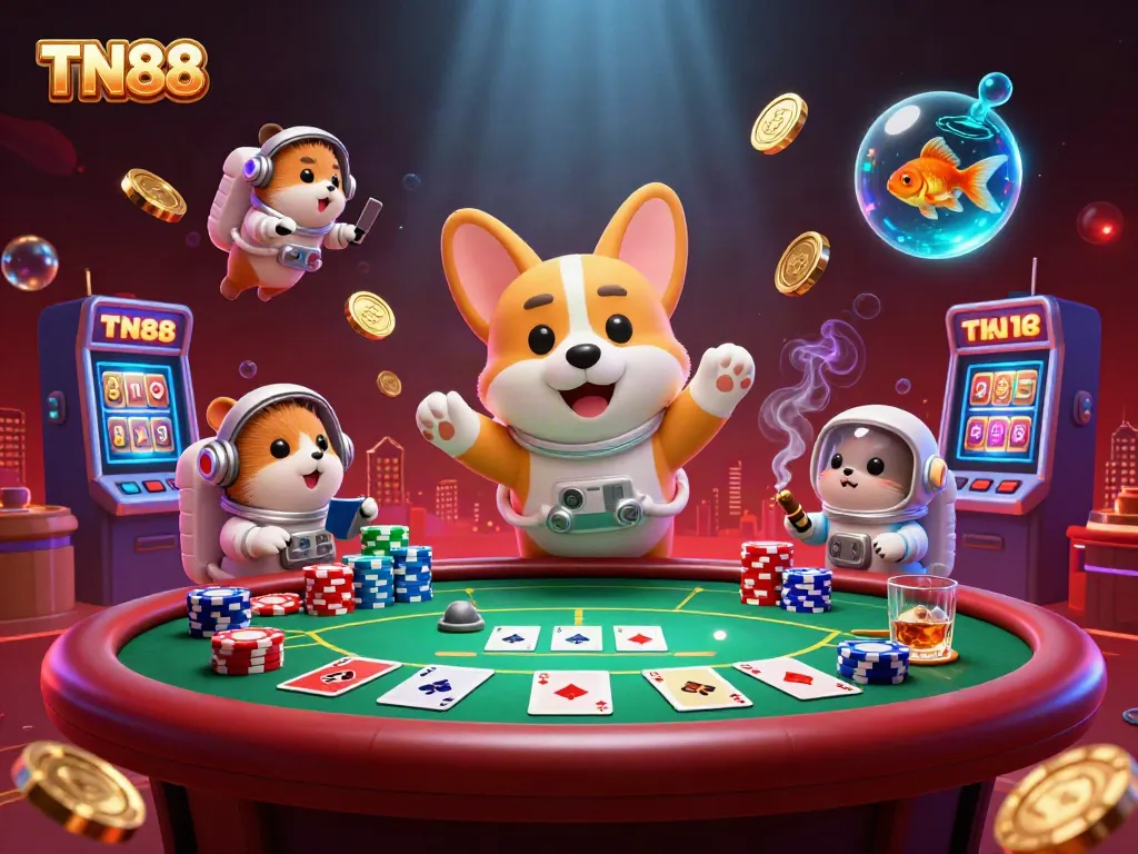 Explore thrilling games at TN88 with an astronaut corgi in a floating casino.