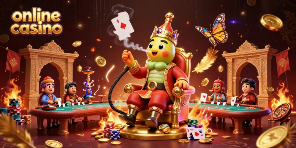 Engage in the vibrant world of an online casino with this 3D illustration showcasing poker hands and golden coins.