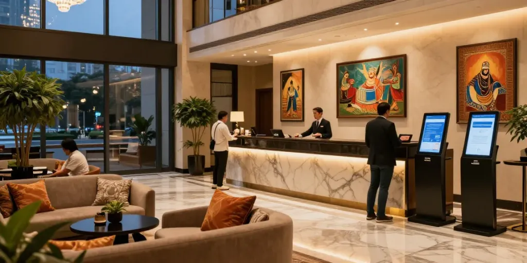 Detailed view of luxurious hotel lobby illustrating hospitality and resorts rendering with elegant decor and welcoming atmosphere.