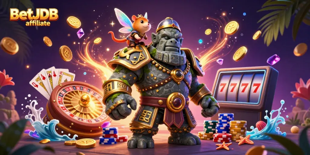 Experience the BetJDB affiliate magic with a lively scene featuring characters and casino elements.