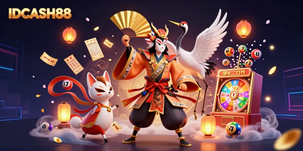Engage in thrilling entertainment with IDCASH88, featuring vibrant slot games and kabuki warrior in 3D.