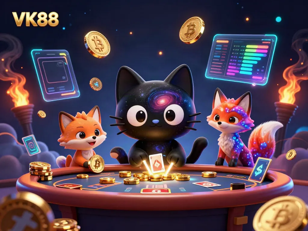 Engage with the mesmerizing VK88 cosmic casino scene, featuring a black hole cat and a nebula fox.
