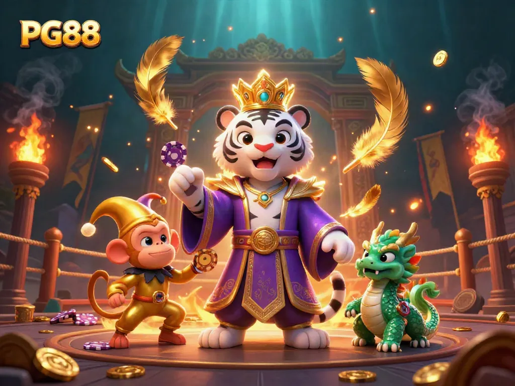 Experience the thrill of PG88 with a vibrant scene featuring a royal tiger, monkey, and dragon in a dazzling casino.