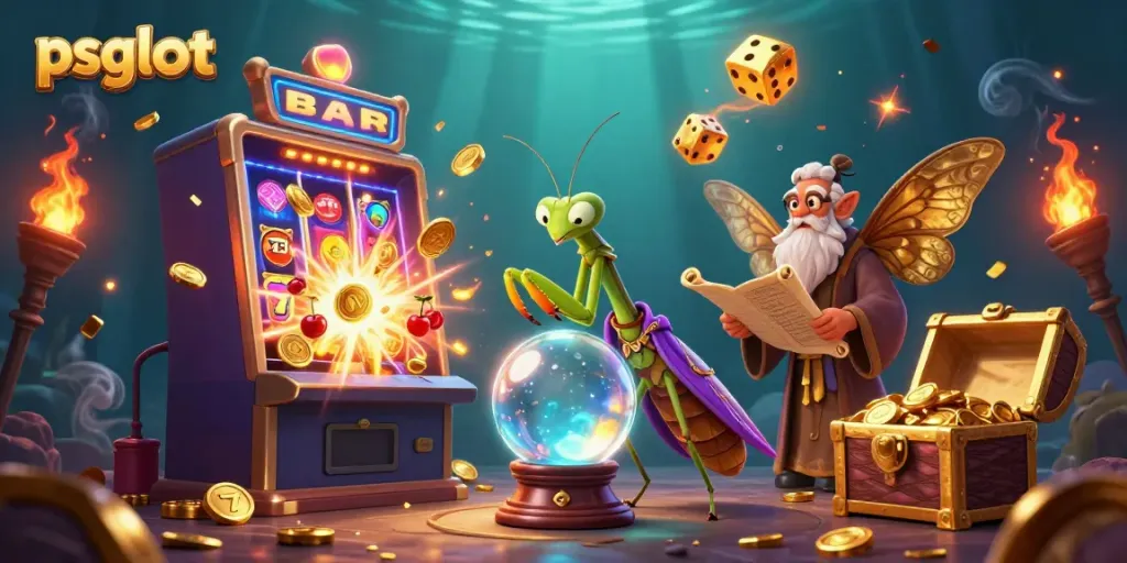 Experience the magical world of psgslot with a dynamic 3D illustration featuring a fortune teller, golden symbols, and a jackpot explosion.