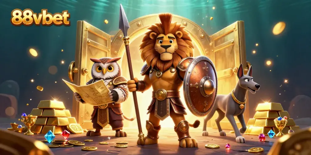 Experience thrilling gaming with 88vbet, showcasing a heroic lion and valuable treasures.