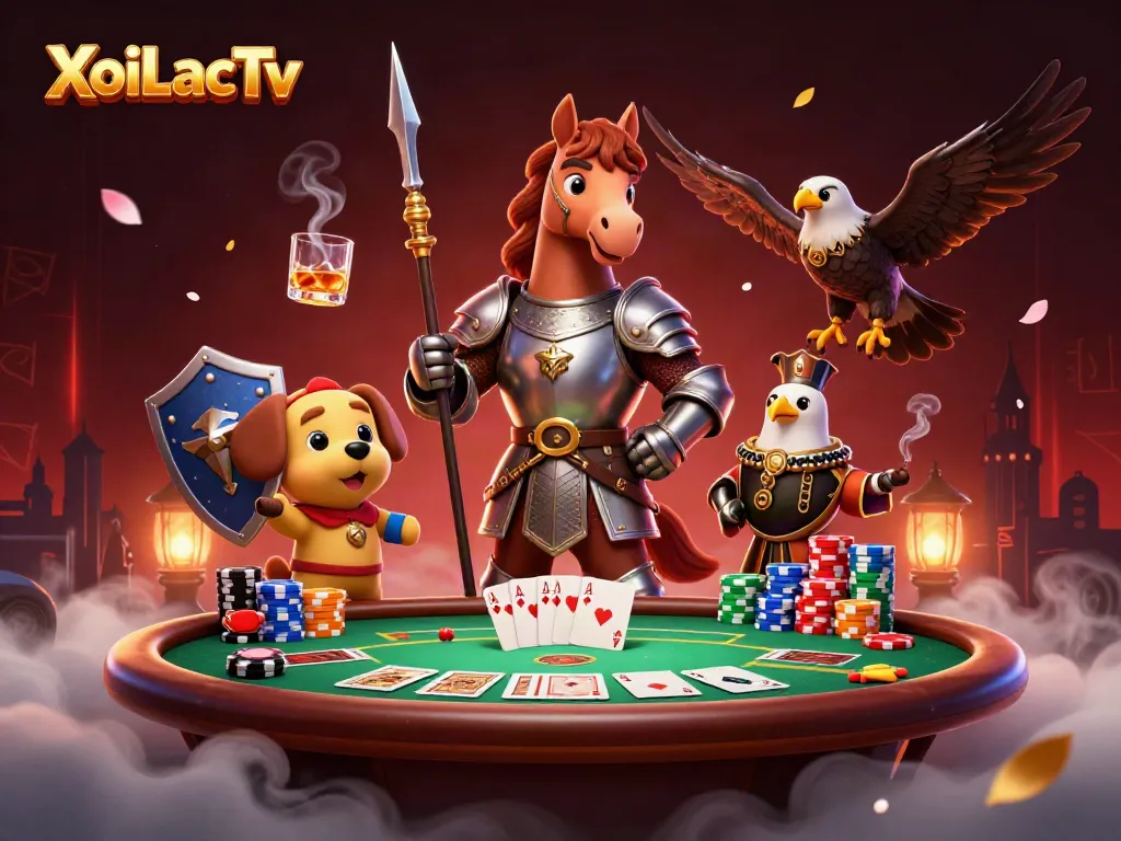 XoiLacTv interactive scene showcasing a knight, a puppy squire, and a falcon amidst vibrant poker elements.