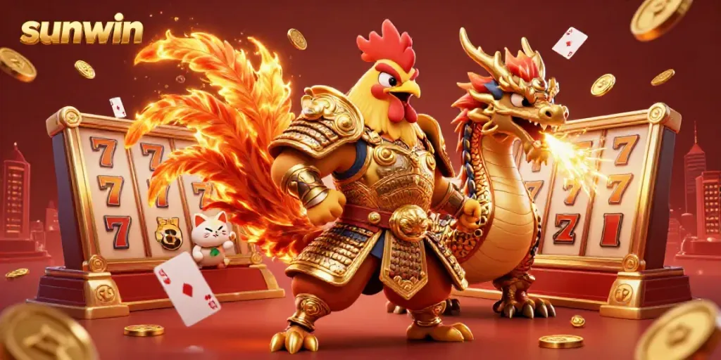 Experience thrilling gameplay at Sunwin with a cartoon rooster warrior and dragon in a vibrant casino setting.