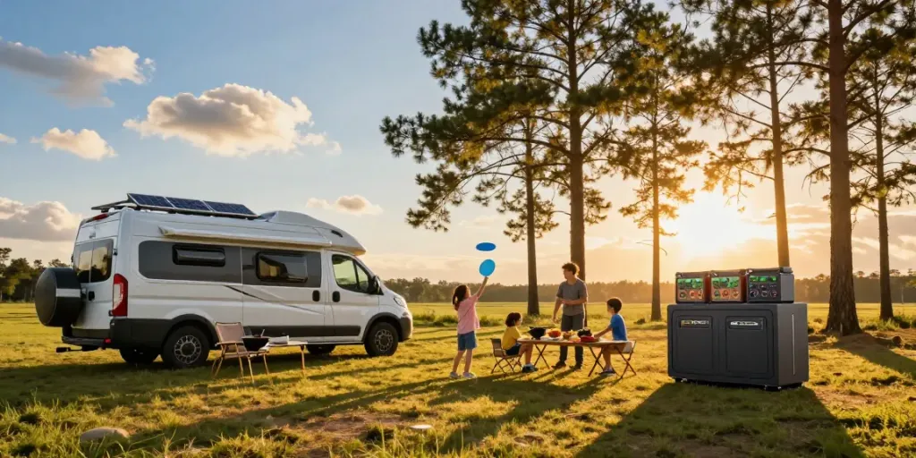 Family camping with a lithium RV battery setup under pine trees.