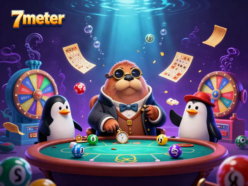 Experience 7meter gameplay with a playful walrus, clever penguin dealer, and bluffing pufferfish in this vibrant casino scene.