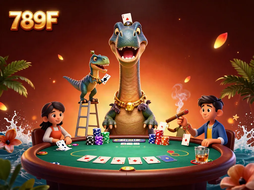 Engage in winning poker with 789F at an extravagant casino scene featuring vibrant characters.
