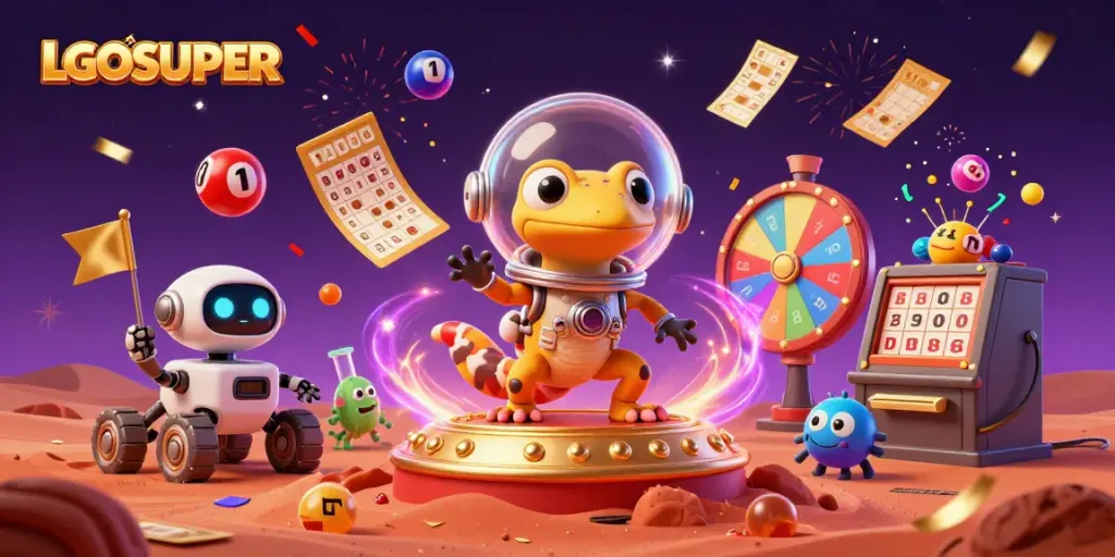 Engage in thrilling gaming at LGOSUPER with a Martian gecko discovering a golden casino