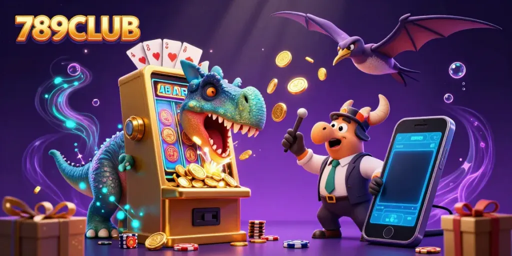 Experience the thrill of 789CLUB with 3D characters interacting with animated slot machines and coins.
