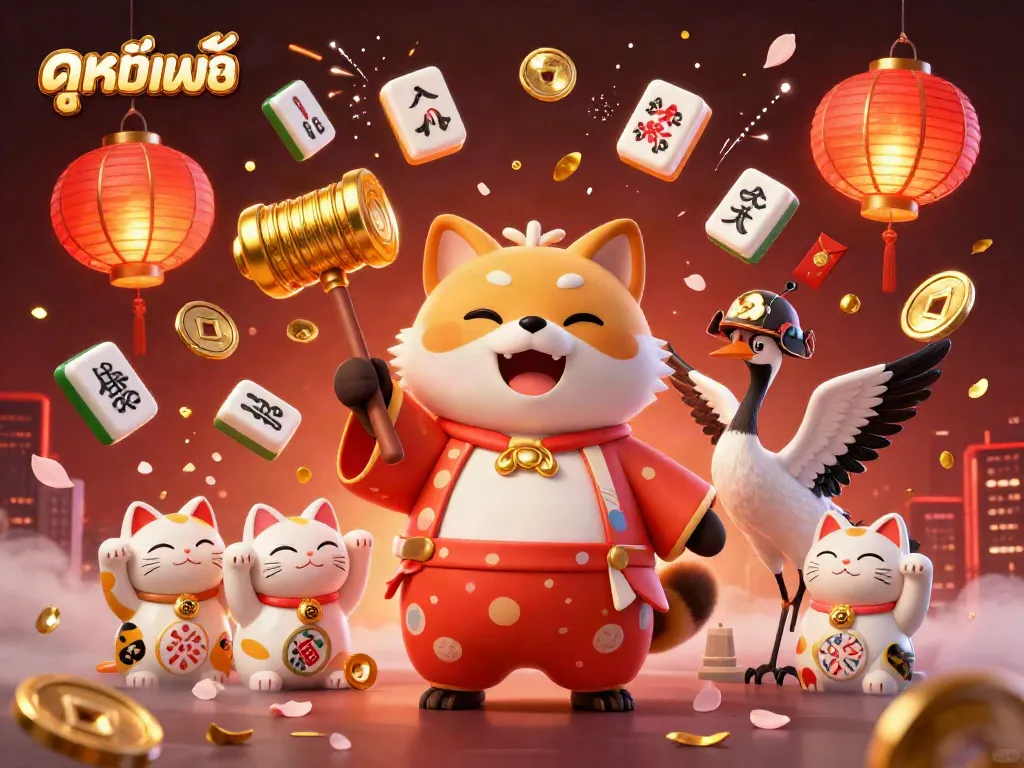 Join the fun of ดูหนังออนไลน์ฟรี with a cheerful tanuki, samurai crane, and waving maneki-neko in an exciting 3D casino scene.