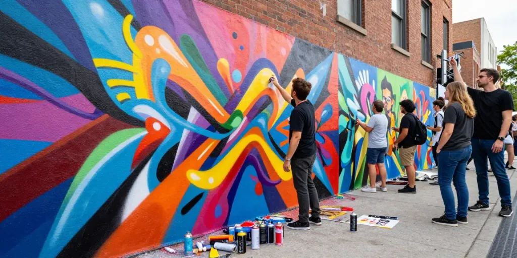 Skintoto art scene of an artist painting a colorful mural in an urban setting, capturing creativity and expression.