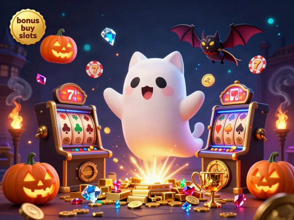 Engage with vibrant bonus buy slots in a haunted casino showcasing ghost cat and bat in a dynamic gold-rich environment.