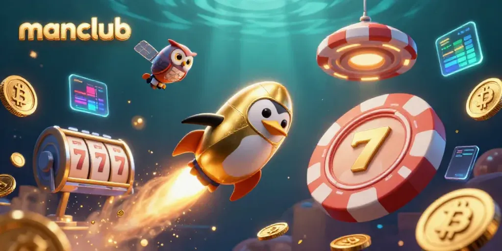 Join the fun at Manclub casino as a golden penguin blasts by a poker chip space station