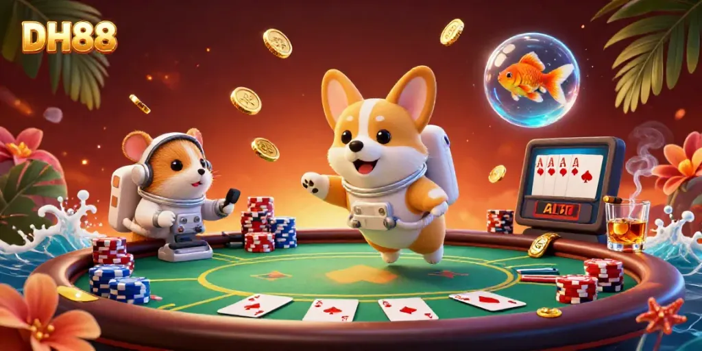 Experience thrilling gaming action at DH88 with a playful mascot in a vibrant casino setting.