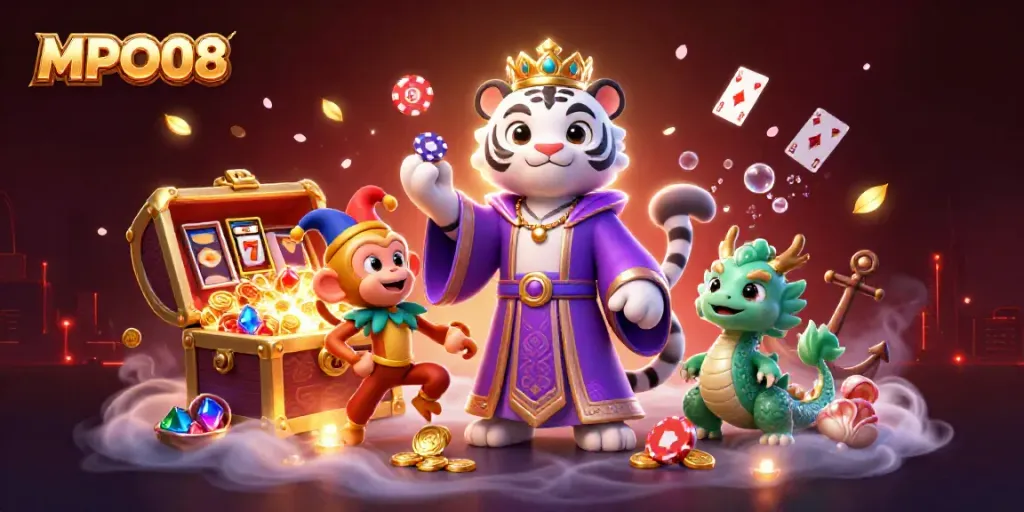 Experience the vibrant excitement of MPO08 with a lively 3D scene featuring a regal tiger, a playful monkey, and dynamic casino elements.
