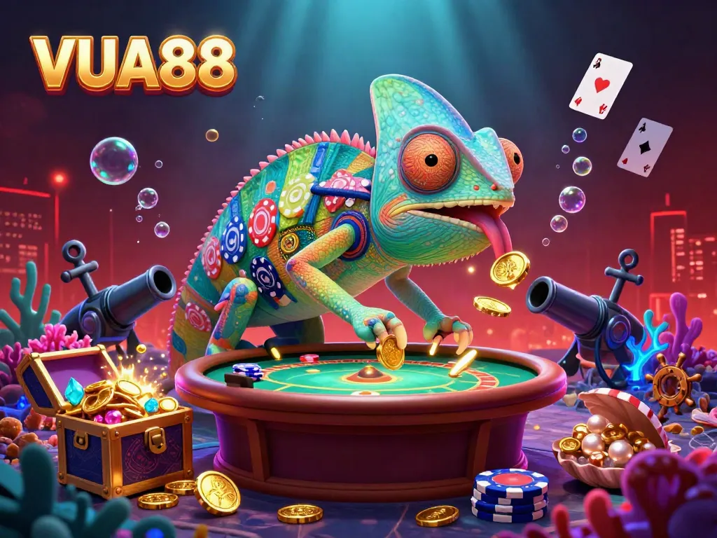 Engage with VUA88's vibrant casino world through a colorful 3D chameleon owner amidst dynamic gaming elements.