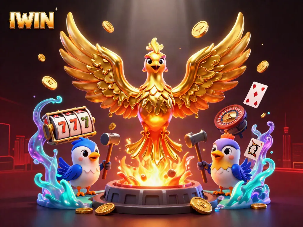 Experience the thrilling IWIN casino adventure with a golden phoenix and vibrant gaming elements.