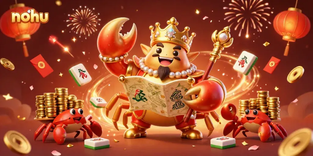 Nohu-themed vibrant casino illustration showcasing a golden crab emperor amidst festive gambling elements.