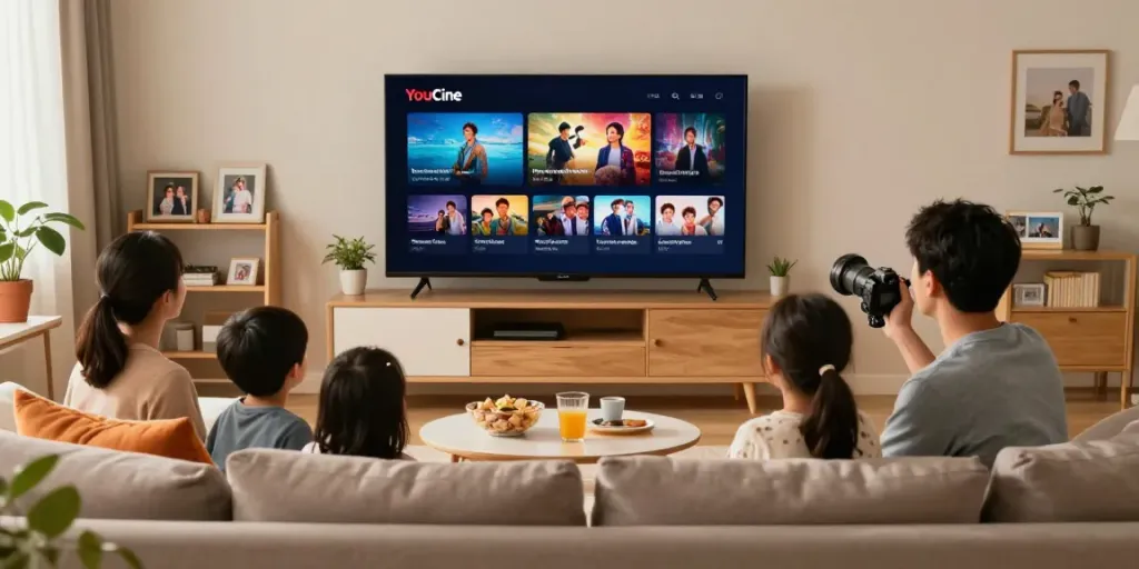 Família assistindo a filme no YouCine em ambiente aconchegante com sofá e lanches.