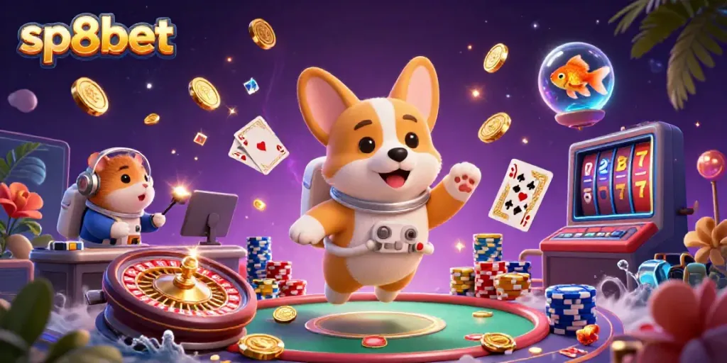 Enjoy thrilling gaming moments with sp8bet in a vibrant 3D casino illustration featuring exciting characters.