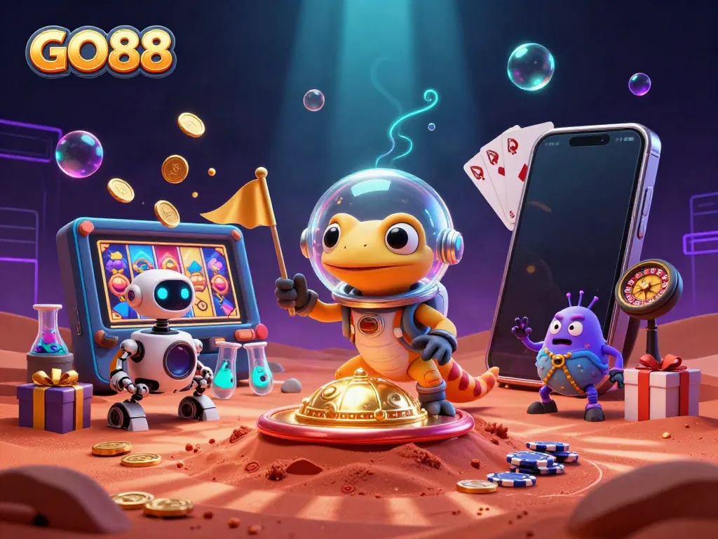 Engage with the vibrant GO88 casino experience, featuring a Martian gecko and golden interactions.